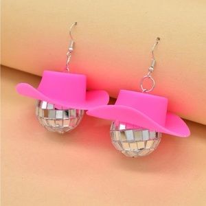Pink Cowboy Hat & Disco Ball Earrings Brand New